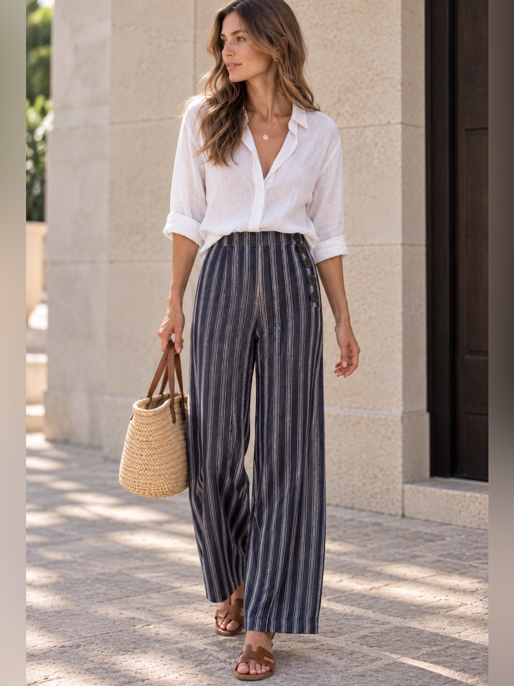 GAP Navy and White Vertical Stripe Linen Blend Pants